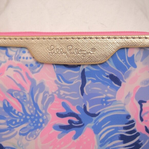 Lilly Pulitzer Pink Gold & Blue Zip Card Case Keychain Coin Pouch, ID Holder - Picture 2 of 8